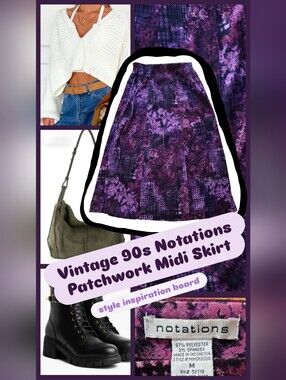 Vintage 90s Notations Patchwork Midi Skirt – Purple Floral & Plaid – Size M
